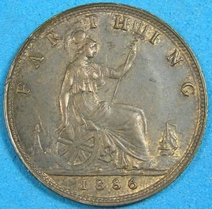 1886 UK Great Britain Farthing Bronze Coin, nice grade with underlying trace red - Picture 1 of 2