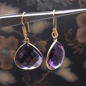 Purple Amethyst Gemstone Drops Earring Handmade 925 Sterling Silver Jewelry - Picture 1 of 6