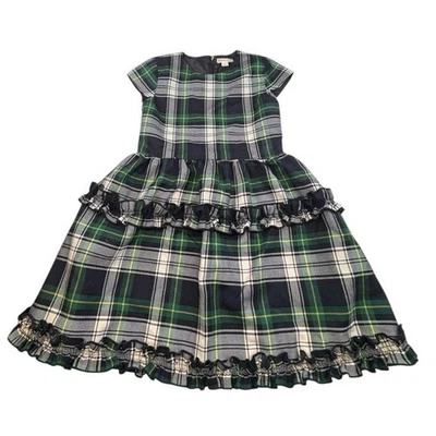 Crewcuts Dress Girl Size 8 Green Blue Wool Plaid Tiered Ruffle Preppy Zip Lined - Image 1 of 4