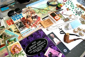 Junk Drawer Lot: Jewelry, Religious, Knives, Briar Pipe, Post Cards, + more - Picture 1 of 9