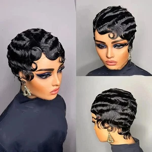 Kurzfingerwelle Echthaarperücke Braun Kurz Ozeanwelle Wig Pixie Cut Perücken 6 Zoll - Bild 1 von 9