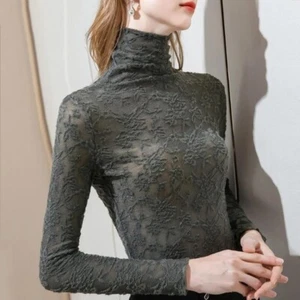 Femme Floral Dentelle Creux Hauts Pur Slim Col Roulé Chemisier Pull - Foto 1 di 14