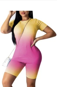 VKVKA Women's Two-Piece Shorts Solid Color Short-Sleeved T-Shirt Tights Suit M - Picture 1 of 5