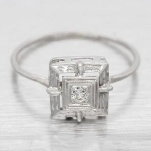 Antique Art Deco 0.05ct Round Diamond Square Engagement Ring - 14k White Gold - Picture 1 of 6
