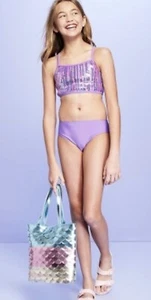 More than Magic Girls 2 piece Swim Suit Bikini Purple Sequins Top Bottom Sz XL - Picture 1 of 5