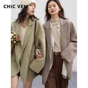 Chic Ven Women's Woolen Coats Loose Casual Double Breasted Retro Double-sided - Picture 1 of 28