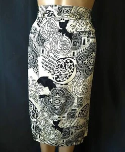 BOLD BLACK & WHITE SILK PRINT Vintage 1990s Fitted PENCIL SKIRT  - 30 inch waist - Picture 1 of 5