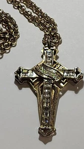 Sparkling Bling Large Religious Cross gold tone Pendant 24" Vintage Necklace - Picture 1 of 6