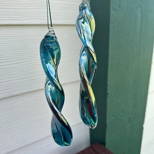 Christmas Twisted Swirl Glass Icicle Ornaments Green White Yellow Swirl Set Of 2 - Picture 1 of 10
