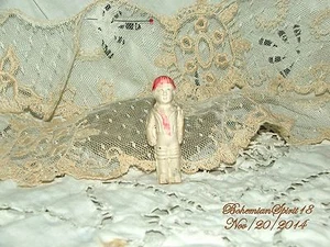 ANTIQUE GERMANY MINIATURE BOY RED HAT BISQUE FROZEN CHARLOTTE 2''1/2 DOLL - Picture 1 of 5