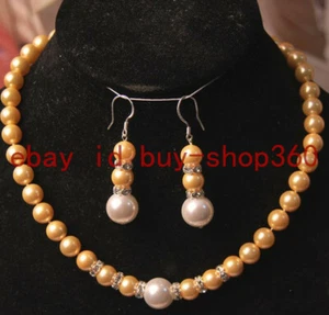 Natural 8-12mm Gold & Pink South Sea Shell Pearl Necklace Earrings Set 18'' - Picture 1 of 13