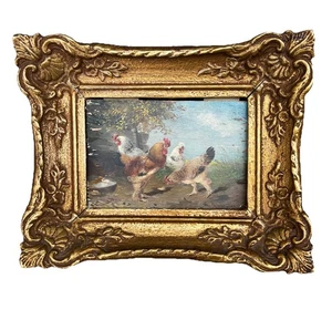 Oil Painting Rooster and Chickens Signed Max Haenger Animal Painter Painting on Wood - Picture 1 of 15