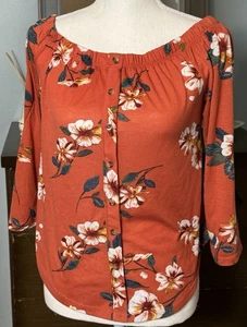 Rue 21 Orange Floral On Or Off Shoulder Top, Faux Button Front, M - Picture 1 of 5