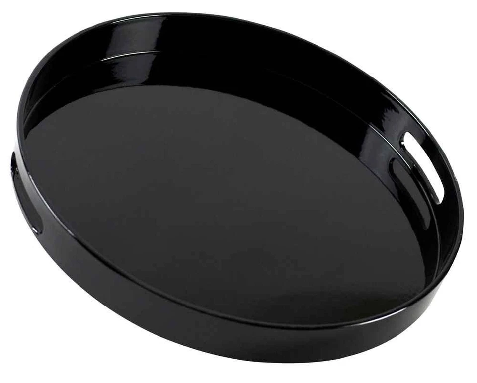 Bandeja para servir redonda de laca de 13,5" con asas, negra Foto 1 de 3