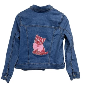 Upcycling Jeansjacke PM Artsy Boho Art To Wear Patchwork Feedsack Katze Kätzchen - Bild 1 von 10