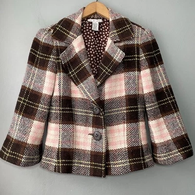 Blazer Cabi Cropped tamanho 8 marrom rosa xadrez lã tweed jaqueta sem noção Y2K - Imagem 1 de 4