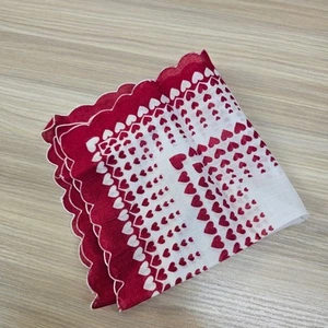 Cotton Handkerchief Women Red White Hearts Hankies Scallop Edge Valentines 13x13 - Picture 1 of 7