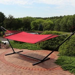 2-Person Polyester Rope Hammock with Steel Stand - Red by Sunnydaze - Picture 1 of 7