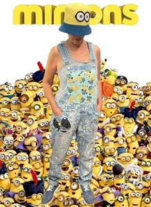 Custom Minions Overalls Junior Sz 13 Denim Distressed Studded Bow Blue Spice - Picture 1 of 17