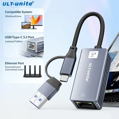 USB C to 5G Ethernet Adapter USB 3.2 Type A/Type C to 5 Gigabit Ethernet Adapter - Image 1 of 4
