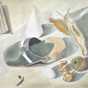 Renate Herfurth Stillleben Reißzwecke Ostdeutsche Kunst gerahmt Aquarell 1990 - Bild 1 von 4