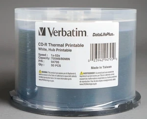 50 Discs Verbatim CD-R 700MB 52X DataLifePlus White Thermal/Hub Printable - Picture 1 of 3