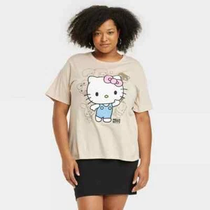 Hello Kitty Kurzarm Grafik hellbraun T-Shirt & Schlüsselanhänger Damen Übergröße 3X neu - Bild 1 von 8