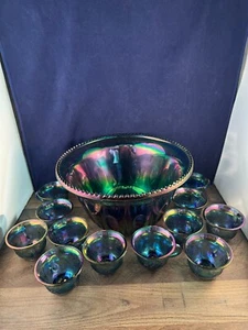 INDIANA GLAS IRISIEREND BLAU ERNTE KARNEVAL GLAS PUNSCHSCHALE & 12 TASSEN SET - Bild 1 von 12