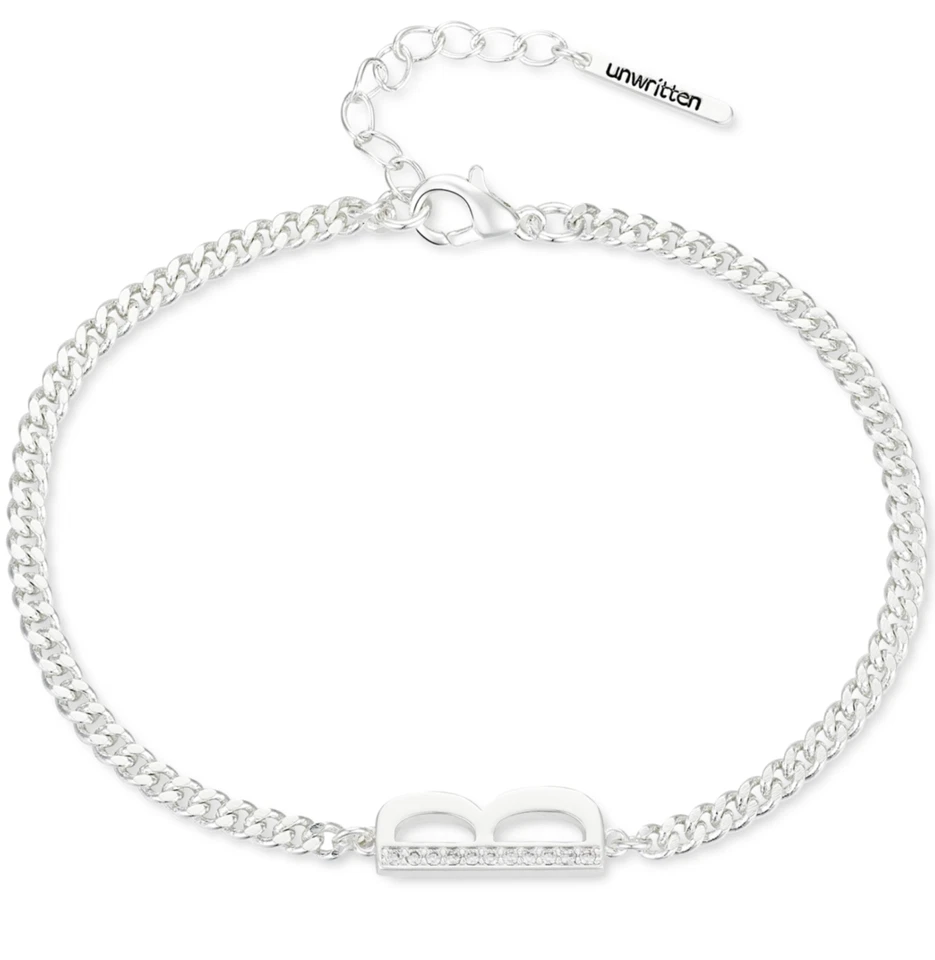 Unwritten Cubic Zirconia Initial Link Bracelet Silver Plated "B"