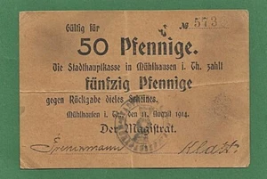 04 253 Notgeld Stadt Mühlhausen 50 Pfg. 11.8.1914, KN schwarz 3-stellig - Picture 1 of 2