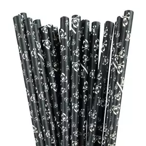 Black with Skull Crossbones Print Cake Pop Sticks | Printed Paper Party Straws - Picture 1 of 3