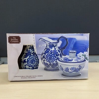 Bombay Company Blue White Floral Ceramic Creamer & Sugar 2 Piece W/Original Box - Image 1 of 4