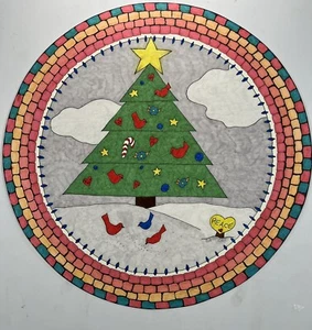 Ink & Marker Drawing Christmas Tree In Field 10.5” Round Bluejays Cardinals Art - Picture 1 of 8