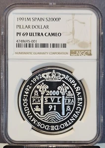 1991 SPAIN SILVER 2000 PESETAS PILLAR DOLLAR NGC PF 69 ULTRA CAMEO BEAUTIFUL  - Picture 1 of 3