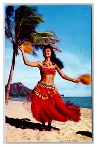 Cartolina cromata tahitiana ballerina hula Waikiki Hawaii HI W18 - Foto 1 di 2