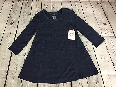 GIRL'S SIZE XS (4-5) SCOOP NECK LONG SLEEVE A-LINE SWING DRESS, DARK DENIM BLUE - Image 1 of 4