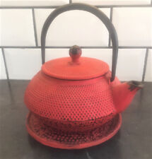 Vintage Cast Iron Japanese Teapot, Red Pebbles Exterior, Strainer, Trivet Unused