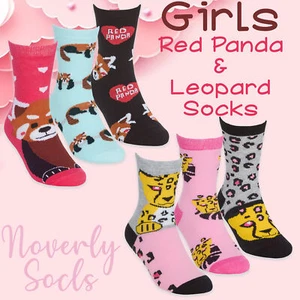 3 Pairs Kids Girls Novelty Red Cartoon Animals Panda Leopard Printed Crew Socks - Picture 1 of 8