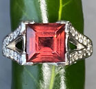 18K White Gold Pink Tourmaline Diamond Art Deco Style Geometric Square Ring 4.75