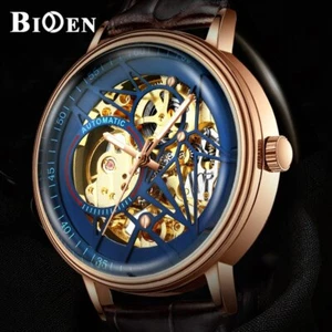 BIDEN Automatic Mechanical Skeleton Self Wind Men's Wristwatch Brown Belt Watch - Picture 1 of 14