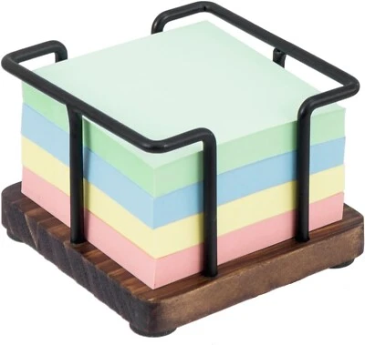 Desktop Brown Wood and Black Metal Sticky Note Cube Holder, Memo Pad Storage - Image 1 of 4