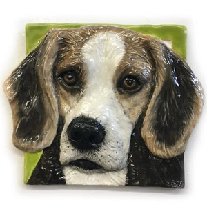 Beagle Dog Ceramic Portrait bas-relief 3D tile handmade In Stock Alexander Art - Picture 1 of 4