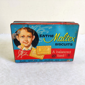 1950s Vintage Niños Imágenes Sathe Maltex Galleta Publicidad Lata Colección T33