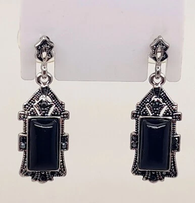 Pendientes de moda gota negra tono plata antiguo estilo fiesta marcasita E001 Foto 1 de 4