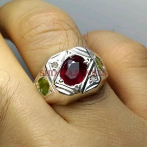 Heizbar Rubin Und Peridot Edelstein Mit 925 Sterlingsilber Ring für Herren #433 - Bild 1 von 6
