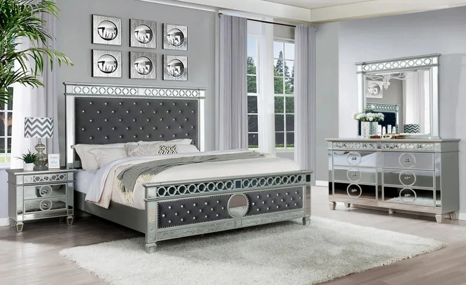 NEW 4PC Gray Velvet Queen King Bedroom Set Glam Mirror Modern Furniture B/D/M/N - Image 1 of 1