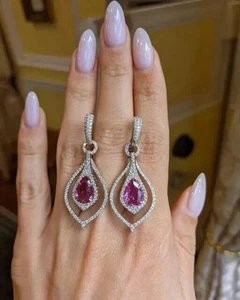 2, kt Birnenschliff Lab Created rosa Saphir Halo Ohrstecker 14 K Weißgold plattiert - Bild 1 von 8