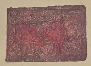 Años 80 Firmado Miguel Cubiles COW ROJA Medios Mixtos en Papel Artista Listado Cubano - Imagen 1 de 7