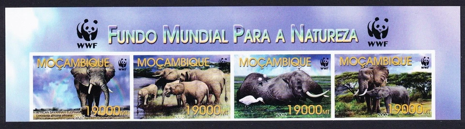 Mozambique WWF Sabana Elefante Pájaros Ibis Top Imperf Tira de 4v 2002 Foto 1 de 1