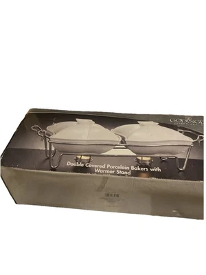 Godinger Silver Art Co Double Covered Porcelain Bakers With Warmer Stand - Image 1 of 4